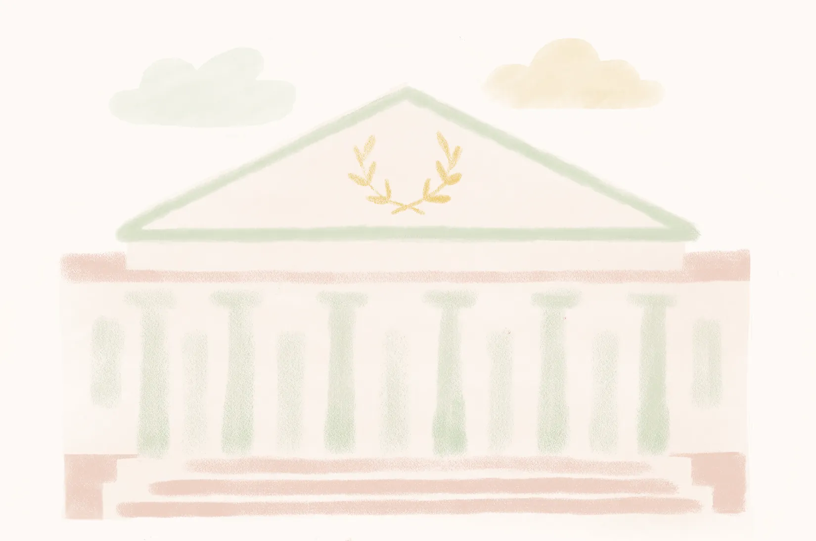 Soft watercolour drawing of the colonnaded front of the British Museum.
