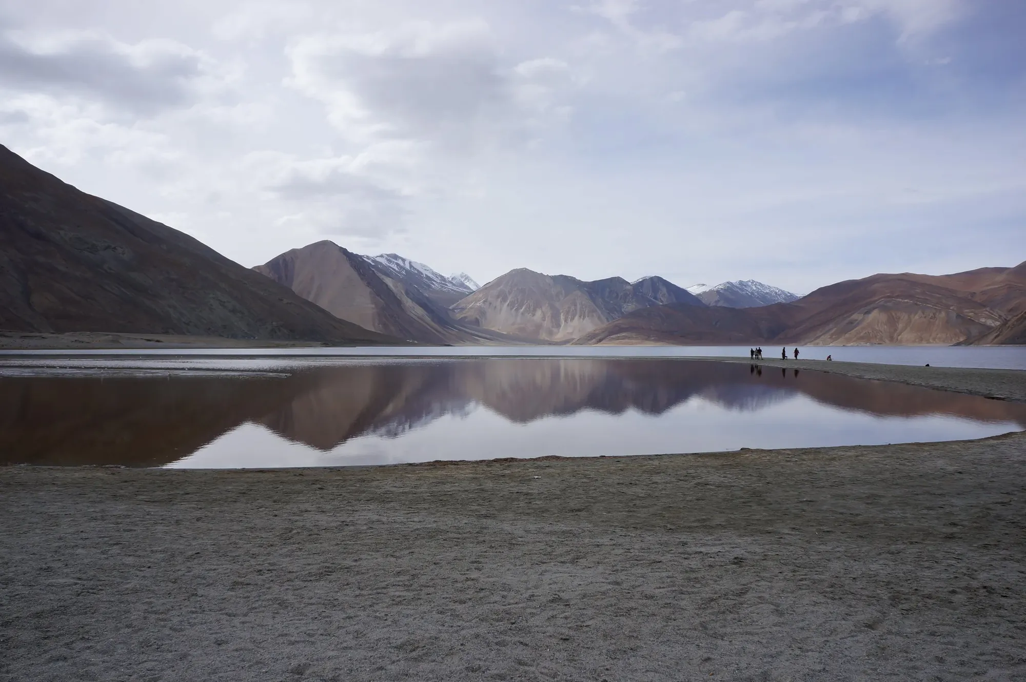 A high-altitude lake in Ladakh reflecting bare brown mountains under a pale sky, with a few people on the far shore.