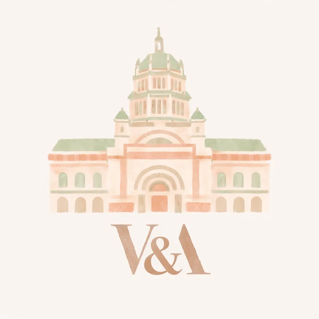 Watercolour illustration of the front of the Victoria and Albert Museum.
