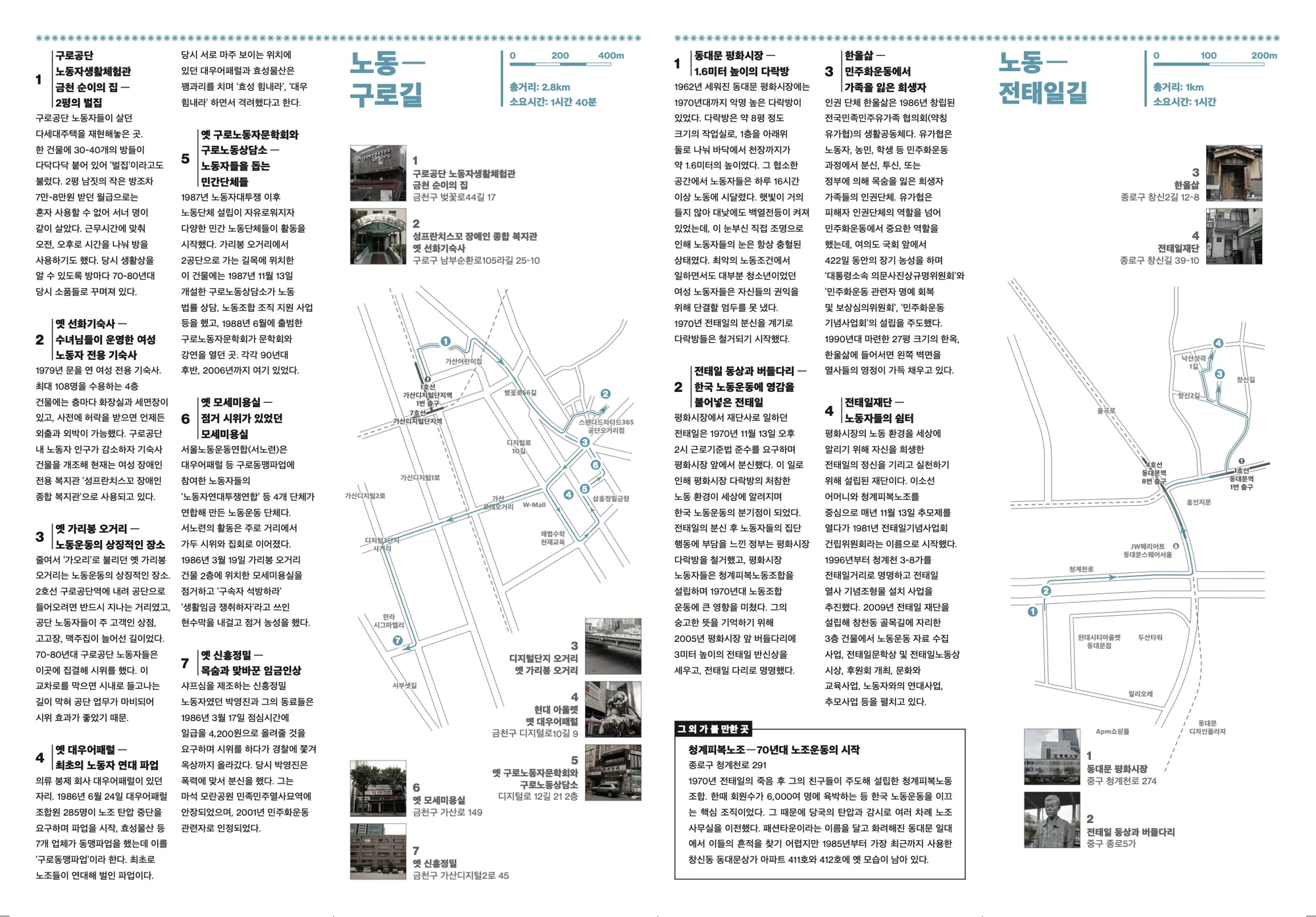 Reverse of a Korean-language labour route guide, with numbered site descriptions and route maps for the Guro and Jeon Tae-il routes.