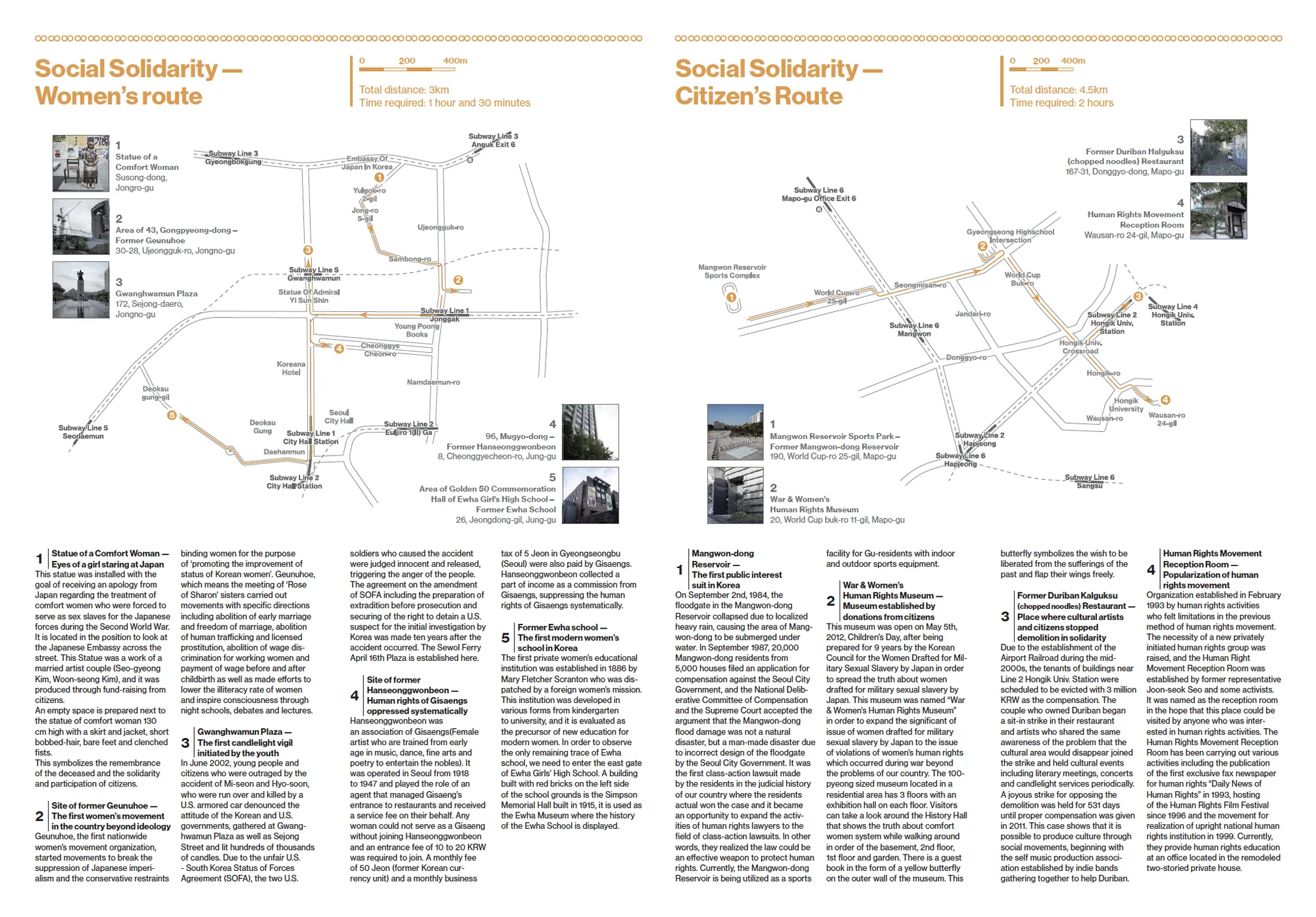 Reverse of the Social Solidarity guide, with maps of the Women’s Route and Citizen’s Route and numbered site descriptions.